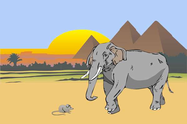 Пустыня, пирамиды, слон и мышь, иллюстрация картинка