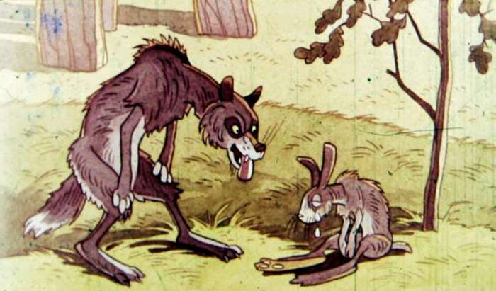 Волк разговаривает с плачущим зайцем, рисунок картинка