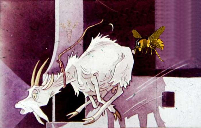 Пчела выгоняет козу из зайкиной избушки, рисунок картинка
