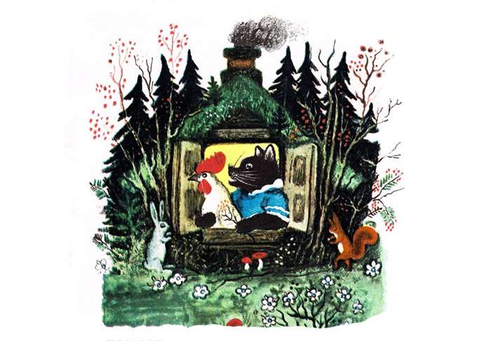 Кот и петух живут в избе в лесу, рисунок картинка изображение