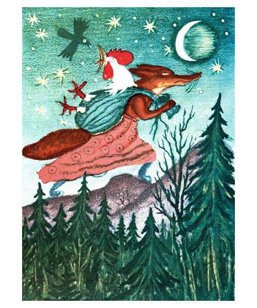 Лиса утаскивает петуха ночью в лес, рисунок картинка изображение
