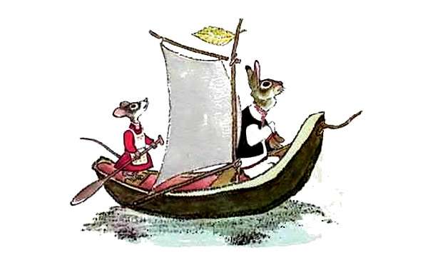 Мышка плышет с кроликом в лодочке, рисунок картинка клипарт