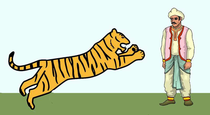 Тигр кидается на человека, иллюстрация картинка рисунок