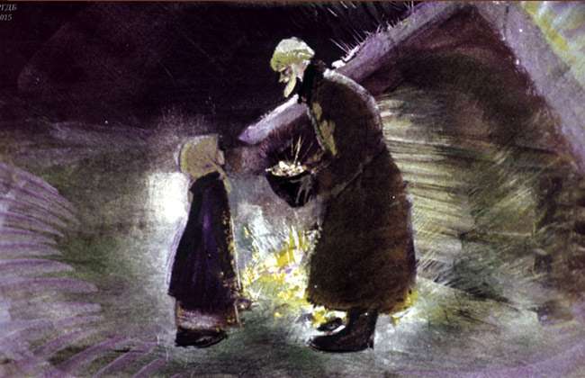 Старик Кокованя с камнями, рисунок иллюстрация к сказке