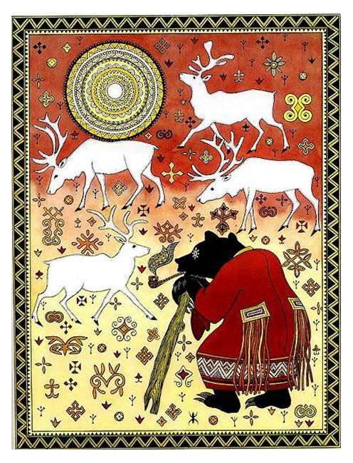 Медведь пасет оленей, рисунок иллюстрация к сказке