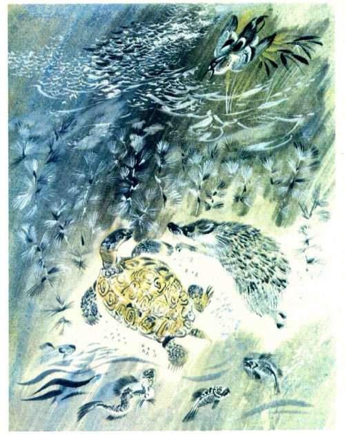 Еж и черепаха уплывают от ягуара, рисунок иллюстрация к сказке