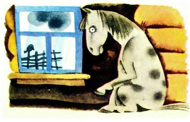 Добрая лошадь грустит в одиночестве, рисунок иллюстрация к сказке