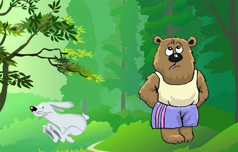 Заяц делится радостной новостью с медведем, рисунок иллюстрация