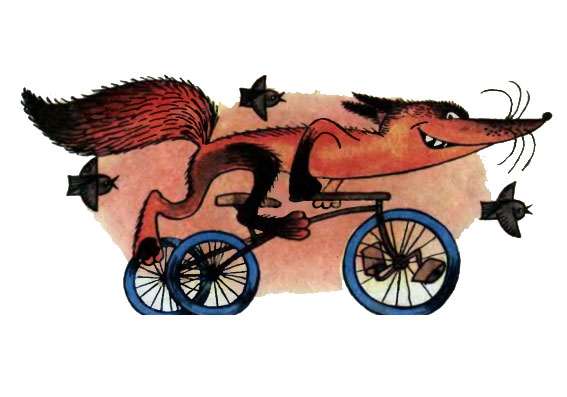 Лиса едет на трехколесном велосипеде, рисунок иллюстрация