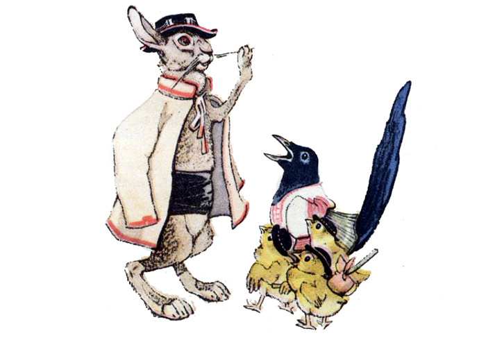 Заяц, сорока и цыплята, рисунок картинка иллюстрация