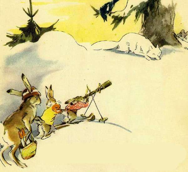 Зайцы ищут на снегу белую лису, рисунок иллюстрация