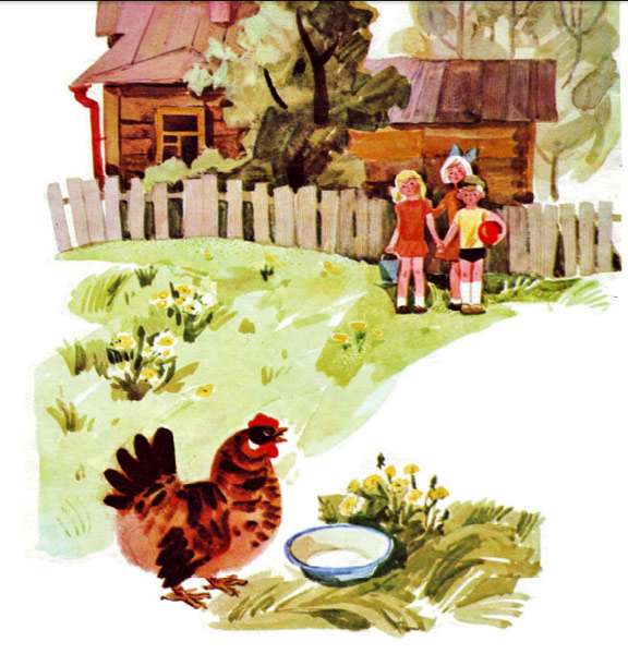 Курица с цыплятами и дети, рисунок иллюстрация