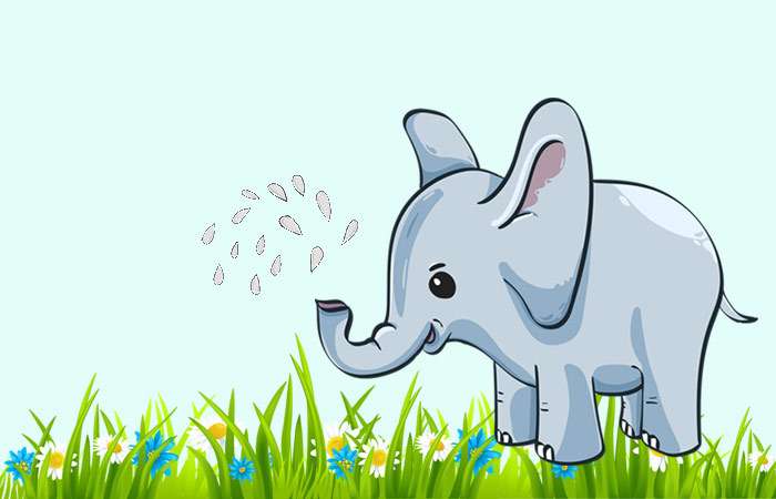 Слоненок поливает траву и цветы, рисунок иллюстрация