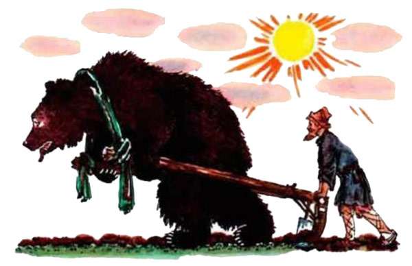Мужик на медведе пашет землю, рисунок картинка