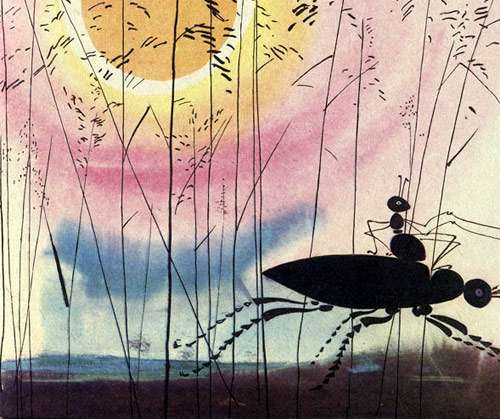 Муравей едет верхом на жуке, рисунок картинка сказка