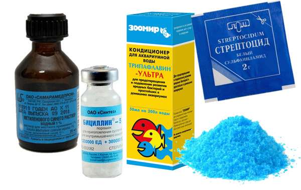 Метиленовый синий, Бициллин-5, Трипафлавин-ультра, стрептоцид, медный купорос, фото фотография
