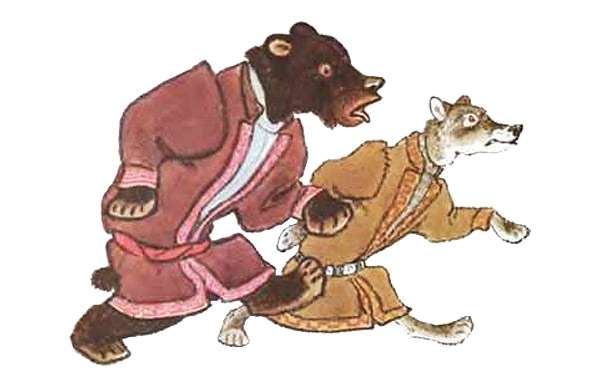 Убегающие медведь и волк, рисунок картинка