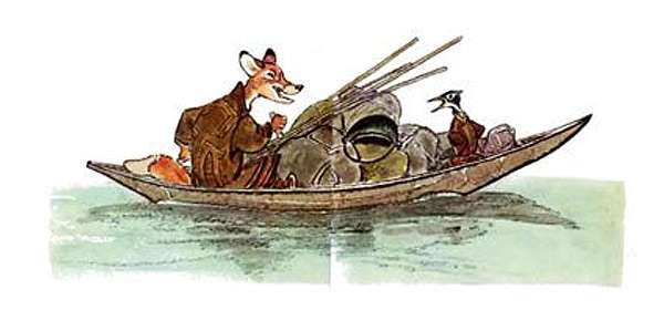 Дятел в лодке с лисицей, рисунок картинка клипарт