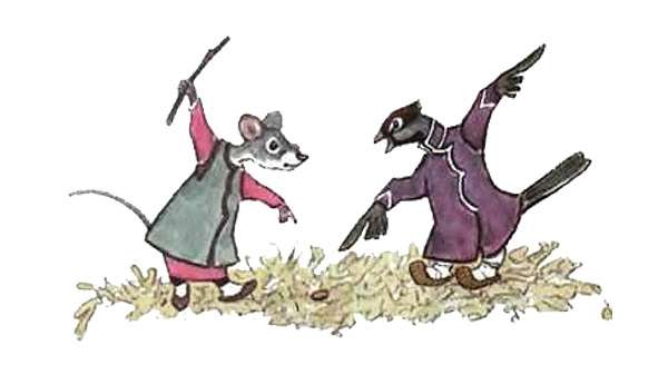 Мышь и воробей ругаются из-за последнего зернышка, рисунок картинка 