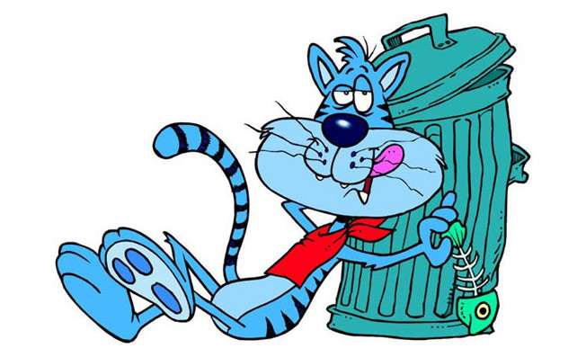 Кот около мусорных баков, рисунок картинка смешной клипарт