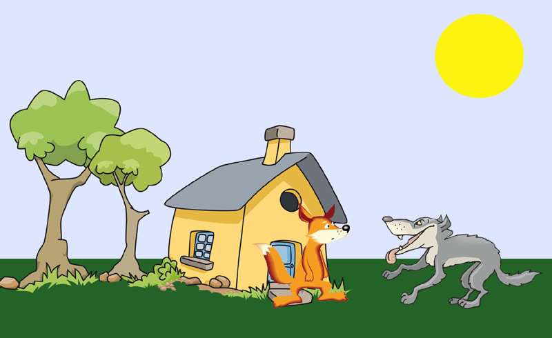 Волк и лиса у домика зайца, рисунок картинка клипарт