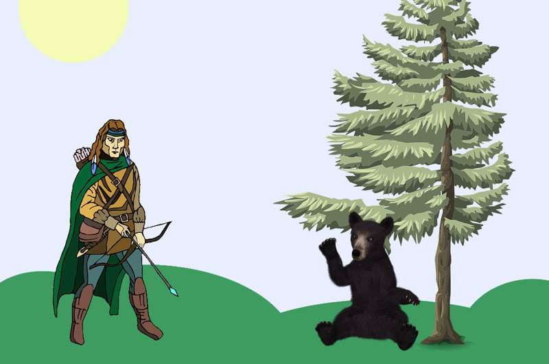 Охотник нашел медвежонка, рисунок картинка сказки о животных