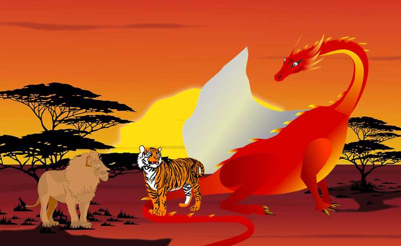 Красный дракон уговаривает льва и тигра лететь с ним, рисунок картинка 