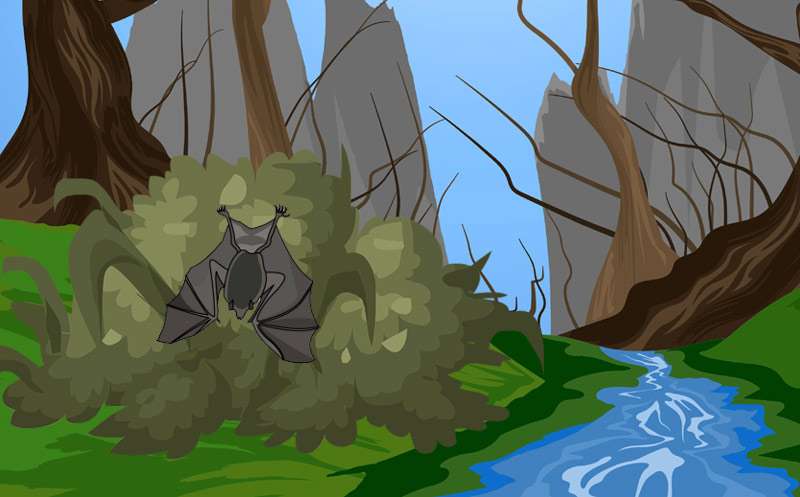Летучая мышь, застрявшая в кустарнике, рисунок картинка сказки о животных 