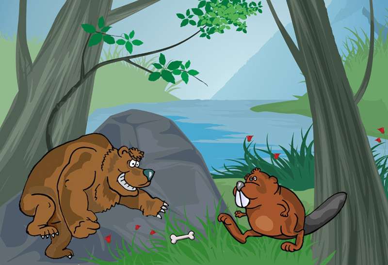 Медведь и бобр играют с костью, рисунок картинка сказки о животных 