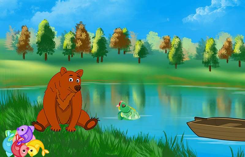 Медведь на берегу озера, рисунок картинка сказки народов мира о животных
