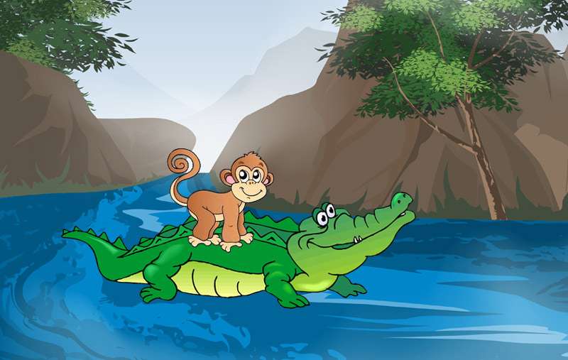 Обезьяна на спине крокодила, рисунок картинка сказки о животных