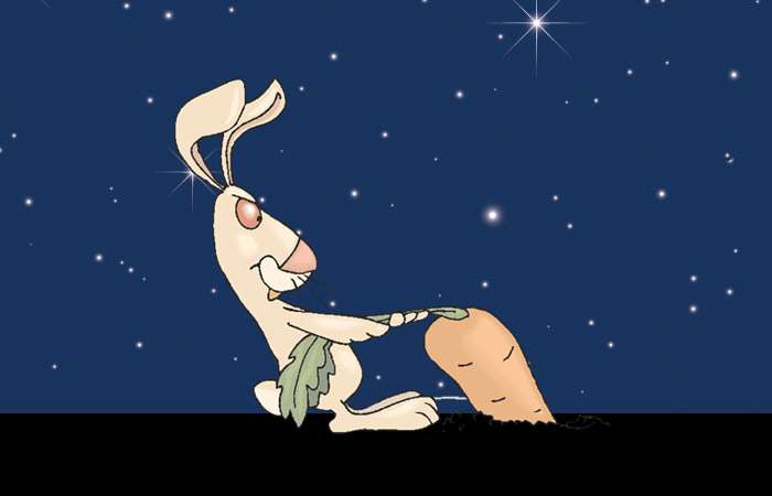 Кролик ворует морковку под покровом ночи, рисунок картинка клипарт