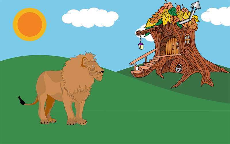 Лев нашел домик зайца, рисунок изображение сказки для детей