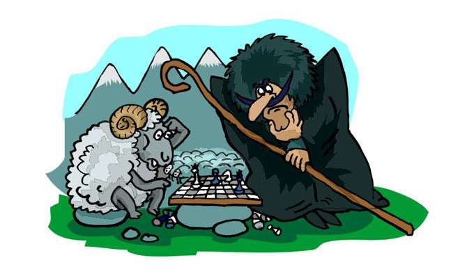 Баран с чабаном играют в шахматы, рисунок картинка смешной клипарт