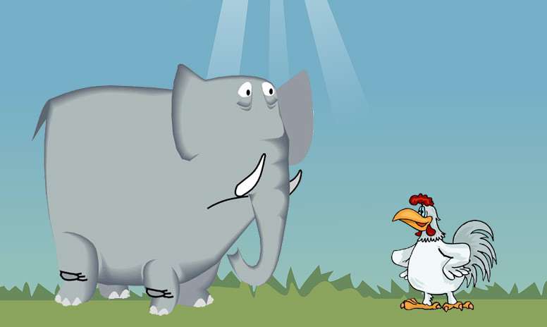 Удивленный слон и довольный петух, рисунок картинка иллюстрация к сказке