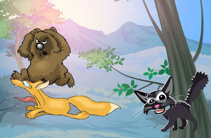 Медведь и лиса бегут от страшной кошки, рисунок картинка иллюстрация к сказке