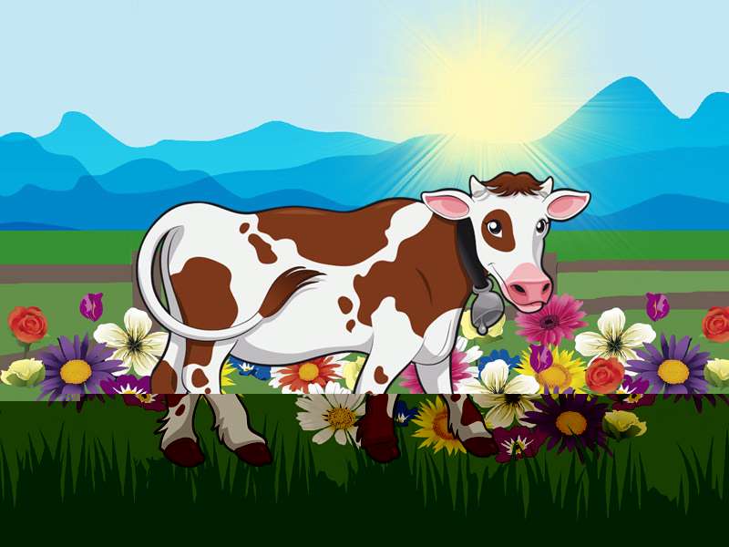 Корова на лугу, рисунок картинка