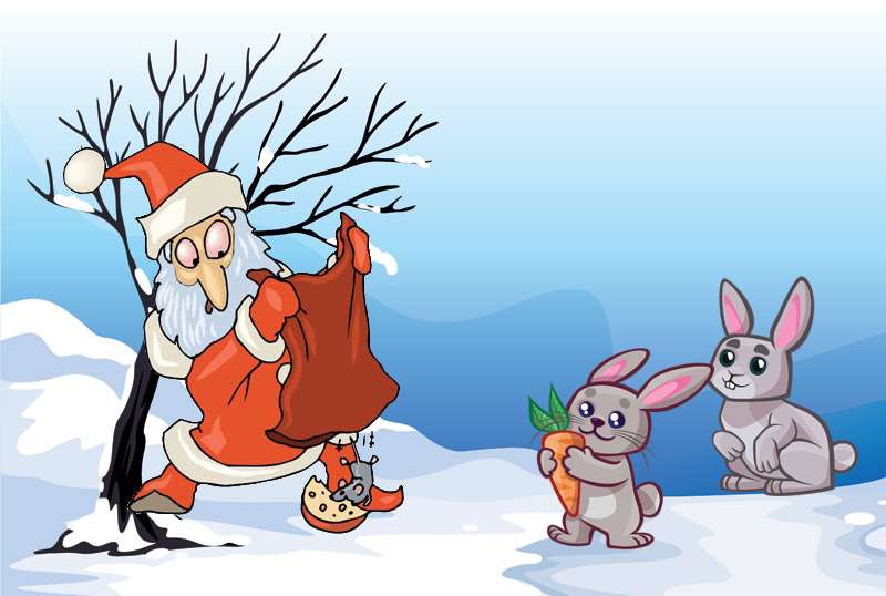 Дед Мороз вытряхивает из мешка подарки, рисунок картинка иллюстрация к сказке