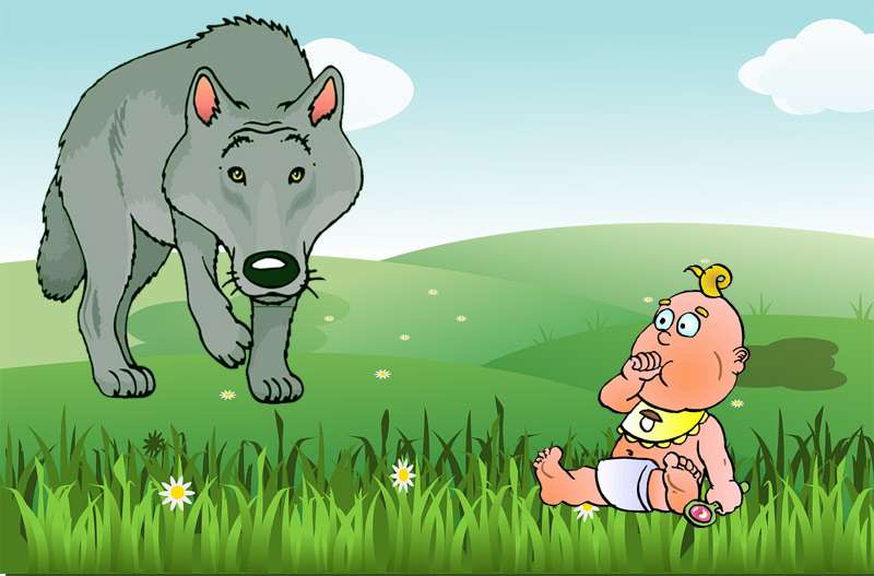 Волк подкрадывается к ребенку, рисунок картинка иллюстрация к сказке