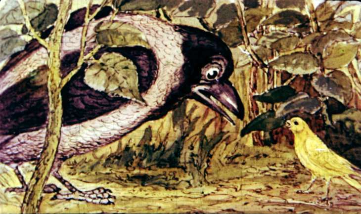 Ворона разговаривает с канарейкой, рисунок иллюстрация