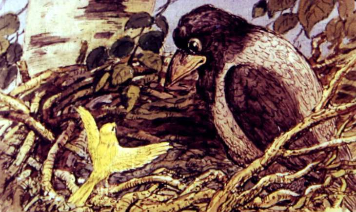 Канарейка живет в гнезде у вороны, рисунок иллюстрация