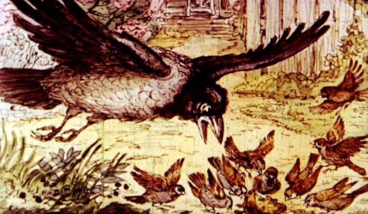 Ворона забирает еду у воробьев, рисунок иллюстрация