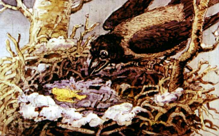 Ворона смотрит на мертвую канарейку, рисунок иллюстрация