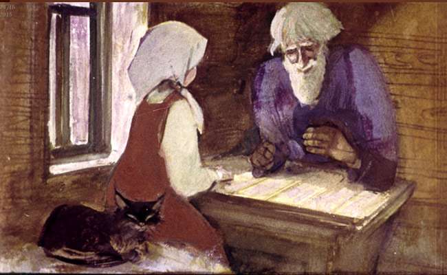 Старик Кокованя и Даренка сидят у окна, рисунок иллюстрация к сказке
