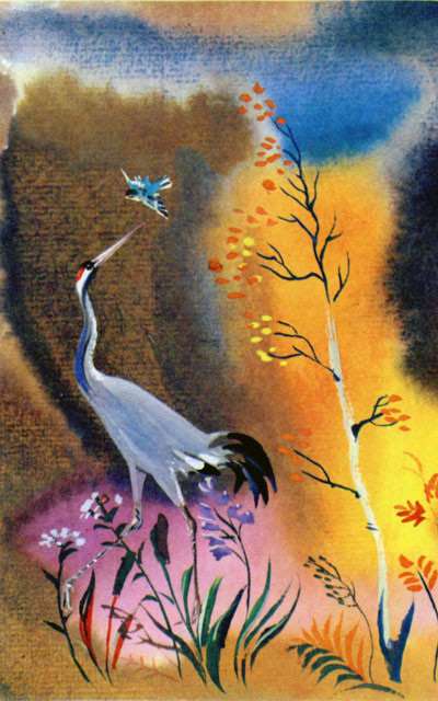 Журавль и малые пташки, рисунок иллюстрация