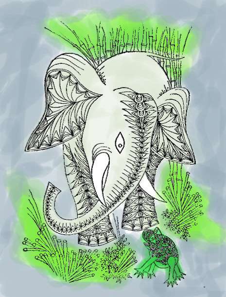 Лягушка разговаривает со слоном, рисунок иллюстрация к сказке