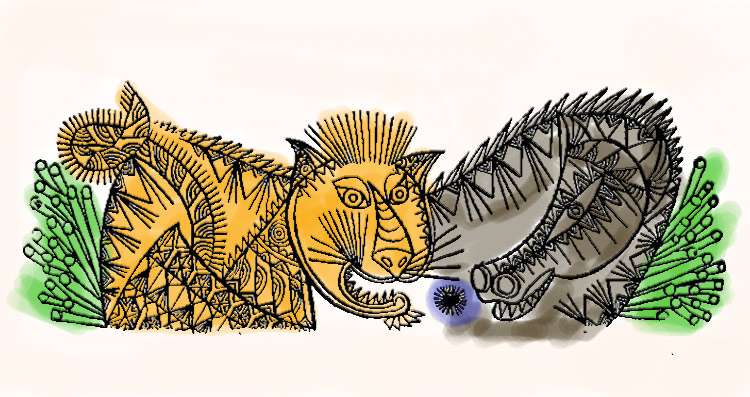 Тигр и лошадь разговаривают, картинка иллюстрация к сказке