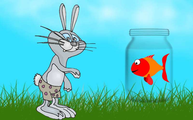 Заяц обманывает рыбку в банке, рисунок иллюстрация к сказке