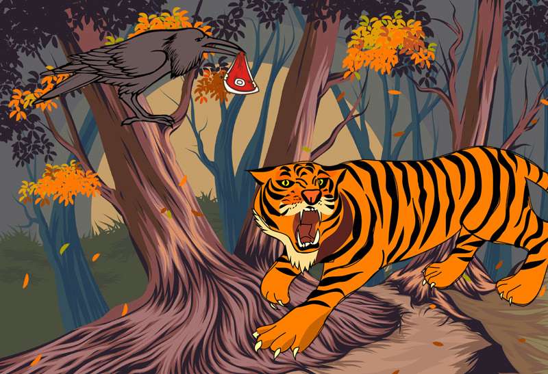 Ворон украл у тигра мясо, рисунок иллюстрация к сказке