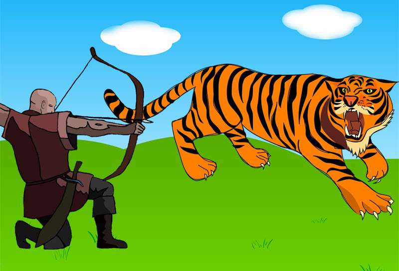 Охотник целится в тигра из лука, рисунок иллюстрация к сказке